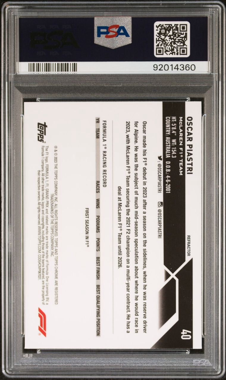 2023 Topps Chrome F1 Formula 1 Refractor Oscar Piastri #40 Rookie PSA 10 Gem Mint