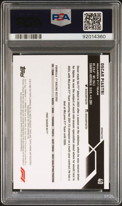 2023 Topps Chrome F1 Formula 1 Refractor Oscar Piastri #40 Rookie PSA 10 Gem Mint