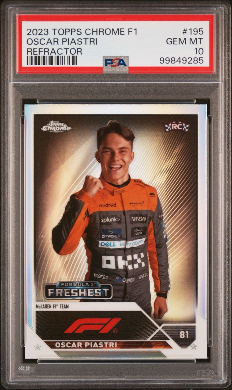 2023 Topps Chrome F1 Formula 1 Refractor Oscar Piastri #195 Freshest Rookie PSA 10 Gem Mint