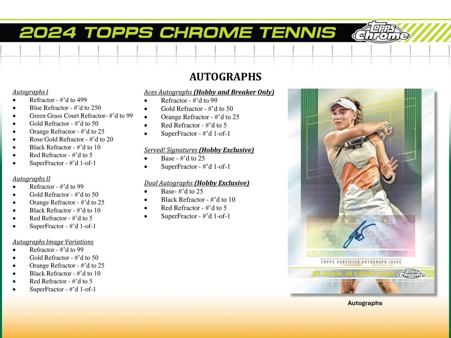 2024 Topps Chrome Tennis Hobby Box 3 Chrome Autograph Cards Per Box (New Sealed)