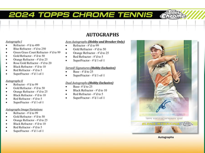 2024 Topps Chrome Tennis Hobby Box 3 Chrome Autograph Cards Per Box (New Sealed)