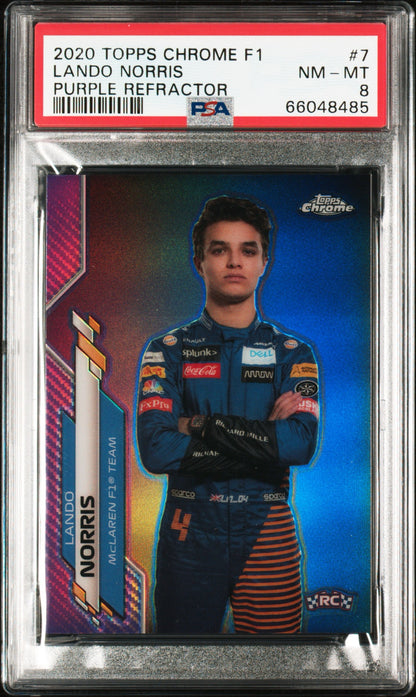 2020 Topps Chrome F1 Formula 1 #7 Lando Norris Rookie Purple Refractor /399 PSA 8
