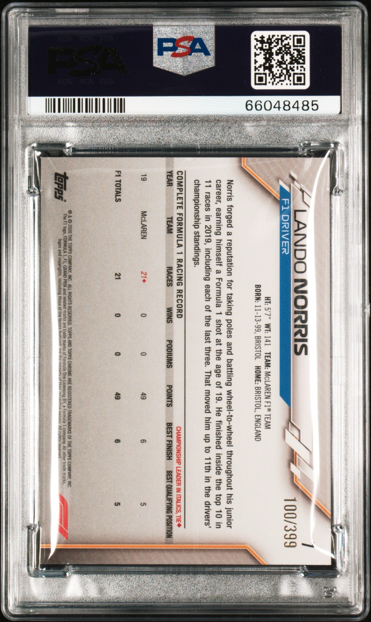 2020 Topps Chrome F1 Formula 1 #7 Lando Norris Rookie Purple Refractor /399 PSA 8