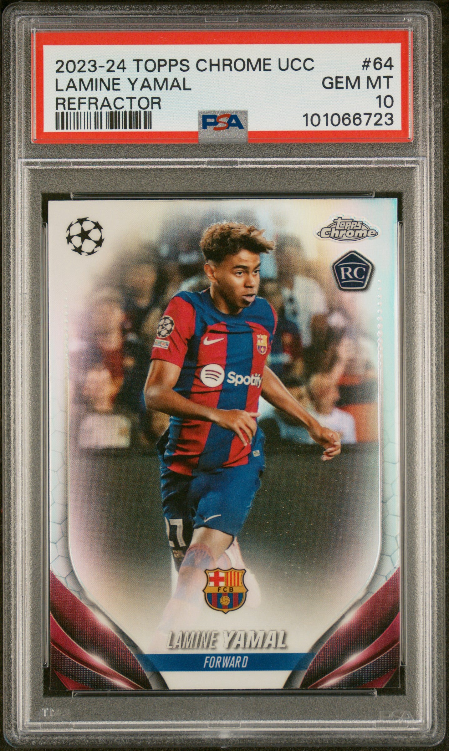 2023-24 Topps Chrome UEFA  Club Competitions #64 Lamine Yamal Rookie Refractor PSA 10 Gem Mint (Serial 723)