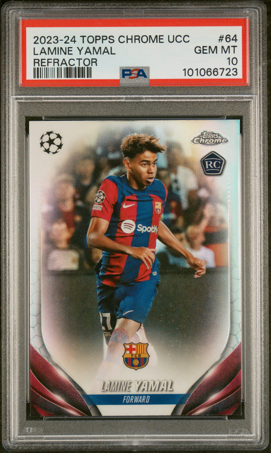 2023-24 Topps Chrome UEFA  Club Competitions #64 Lamine Yamal Rookie Refractor PSA 10 Gem Mint (Serial 723)