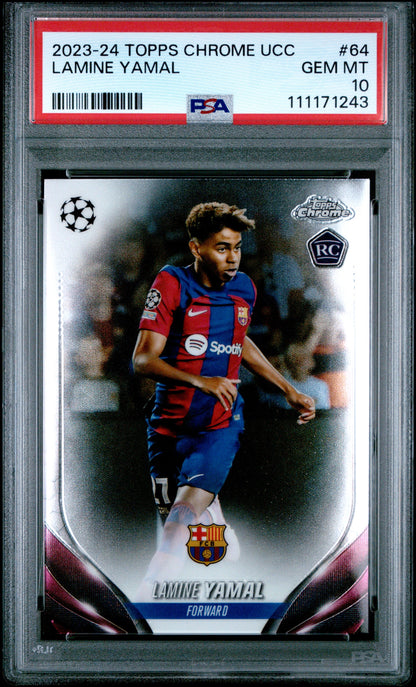 2023-24 Topps Chrome UEFA  Club Competitions #64 Lamine Yamal Rookie PSA 10 Gem Mint (Serial 243)