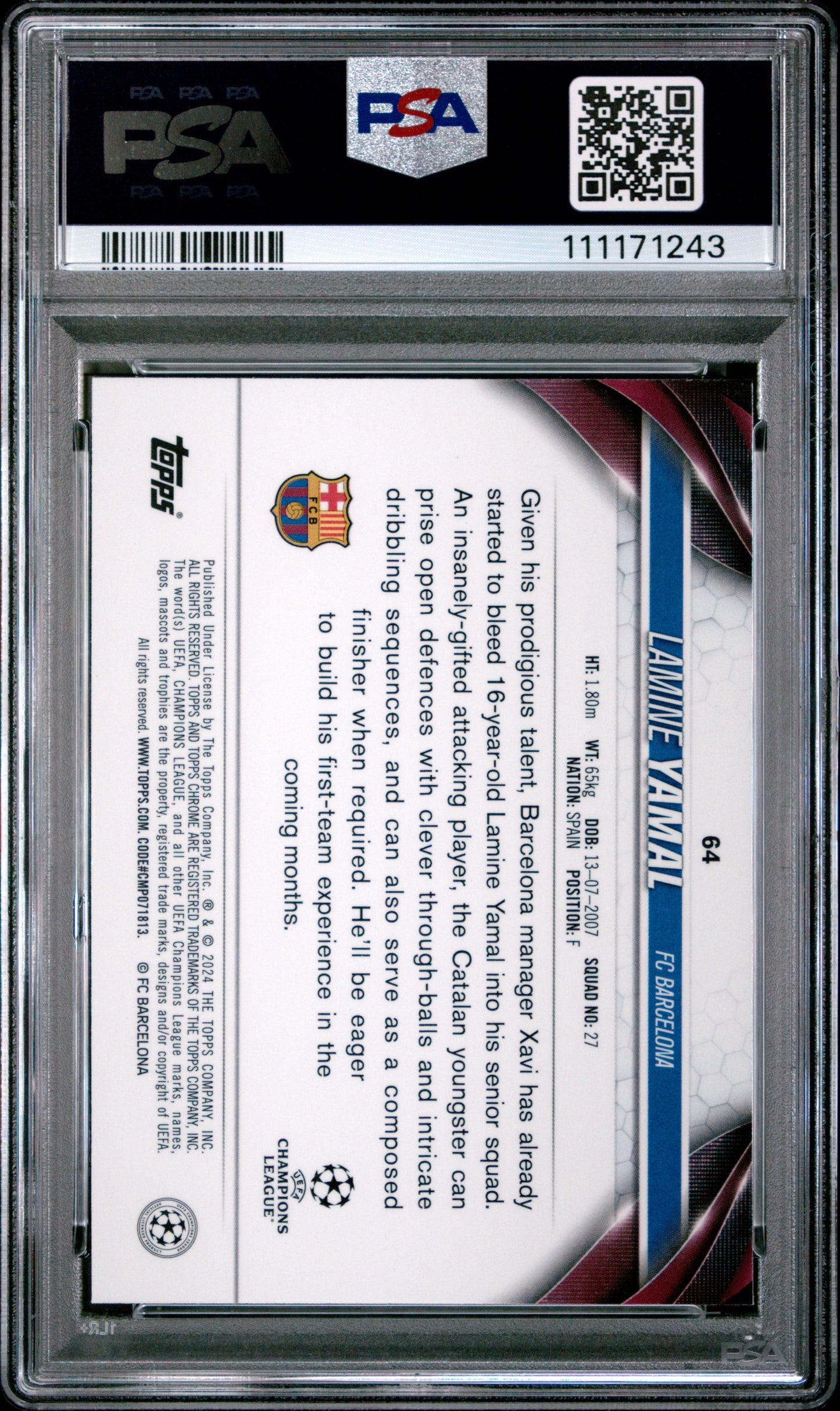 2023-24 Topps Chrome UEFA  Club Competitions #64 Lamine Yamal Rookie PSA 10 Gem Mint (Serial 243)