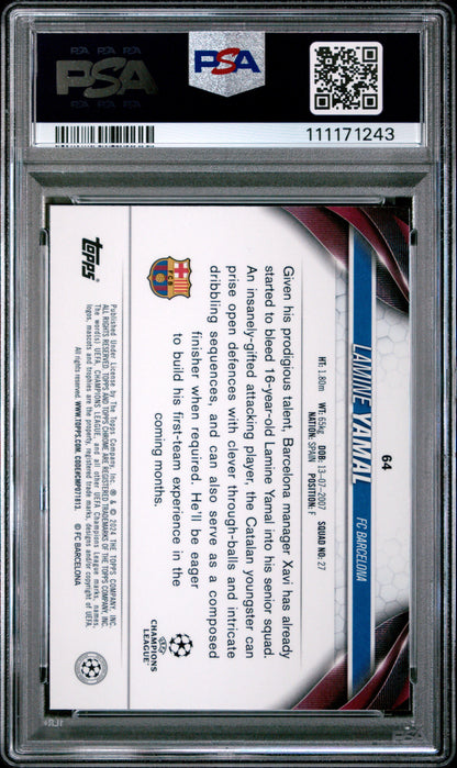 2023-24 Topps Chrome UEFA  Club Competitions #64 Lamine Yamal Rookie PSA 10 Gem Mint (Serial 243)