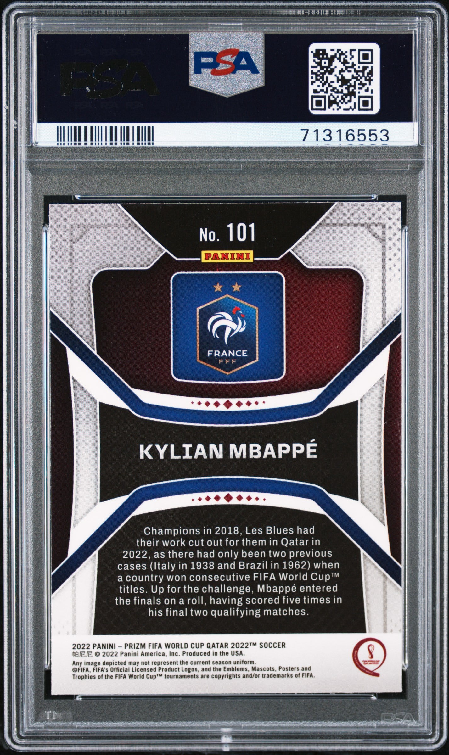 2022 Panini Prizm World Cup Qatar #101 Kylian Mbappe PSA 10 Gem Mint