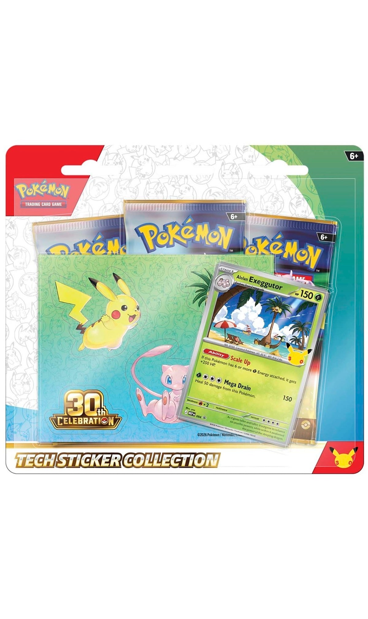 Pokémon TCG Celebrations 30th Anniversary Sticker Collection blister with 3 packs and random promo art, new and sealed.