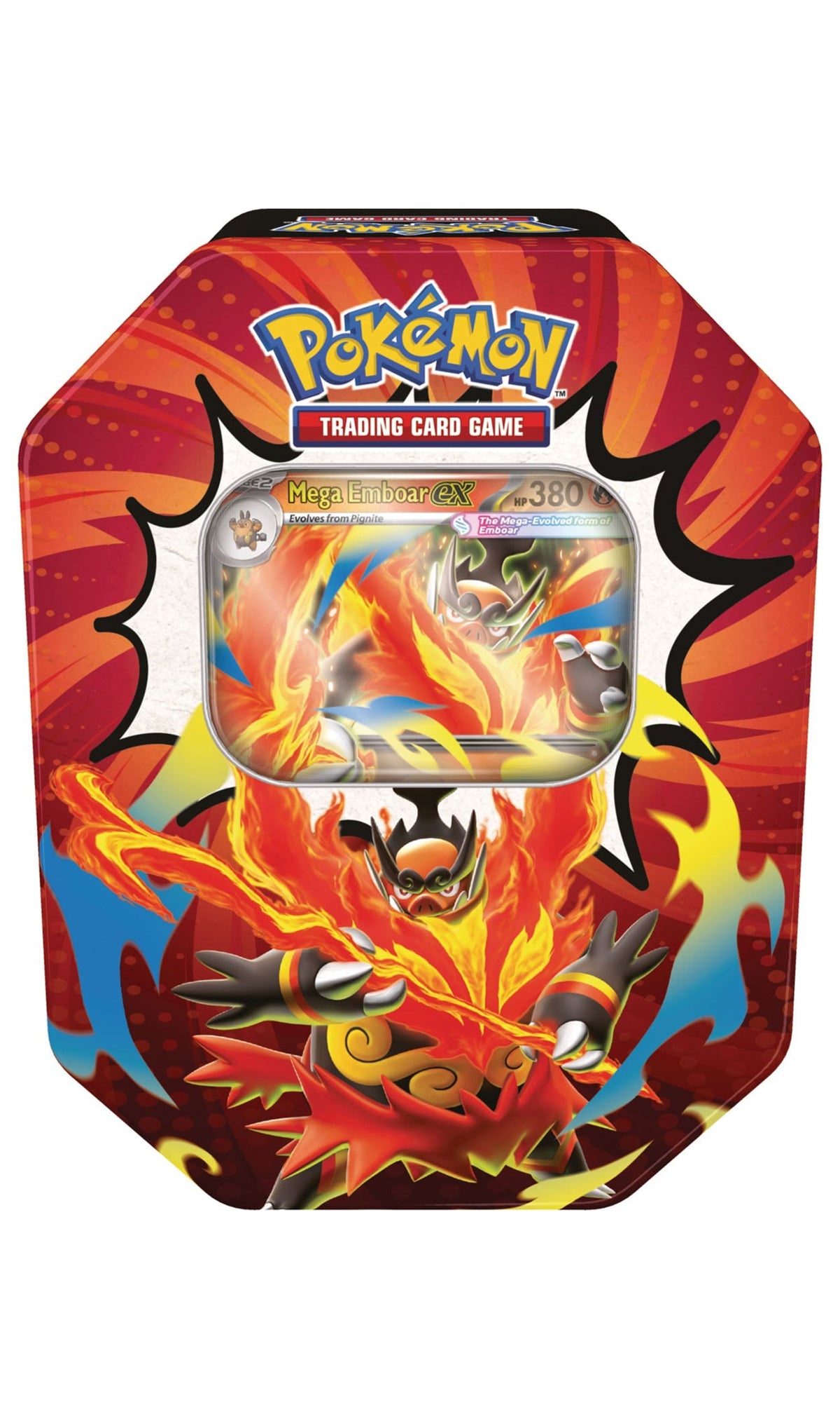 Pokémon TCG Mega Evolution Ascended Heroes Tin with 4 booster packs and Mega Emboar EX promo, new and sealed.
