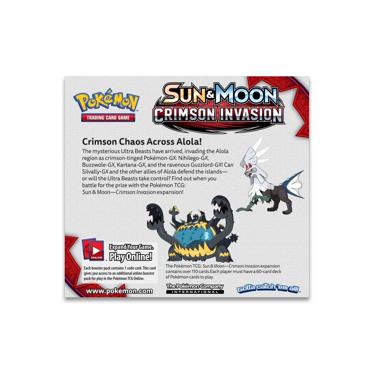 Pokémon Sun & Moon Crimson Invasion booster box with 36 sealed packs and sleeve protector
