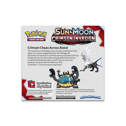Pokémon Sun & Moon Crimson Invasion booster box with 36 sealed packs and sleeve protector
