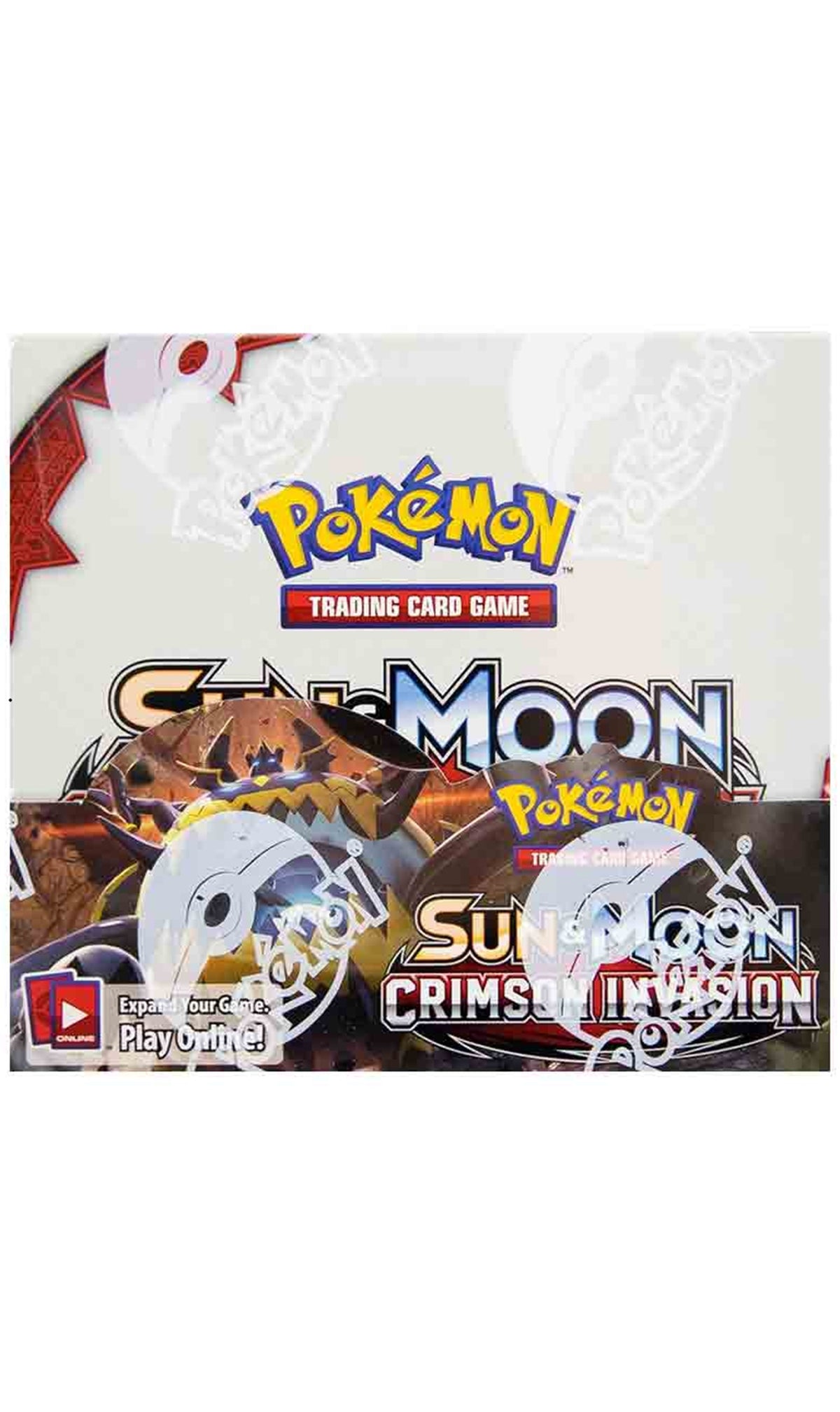 Pokémon Sun & Moon Crimson Invasion booster box with 36 sealed packs and sleeve protector
