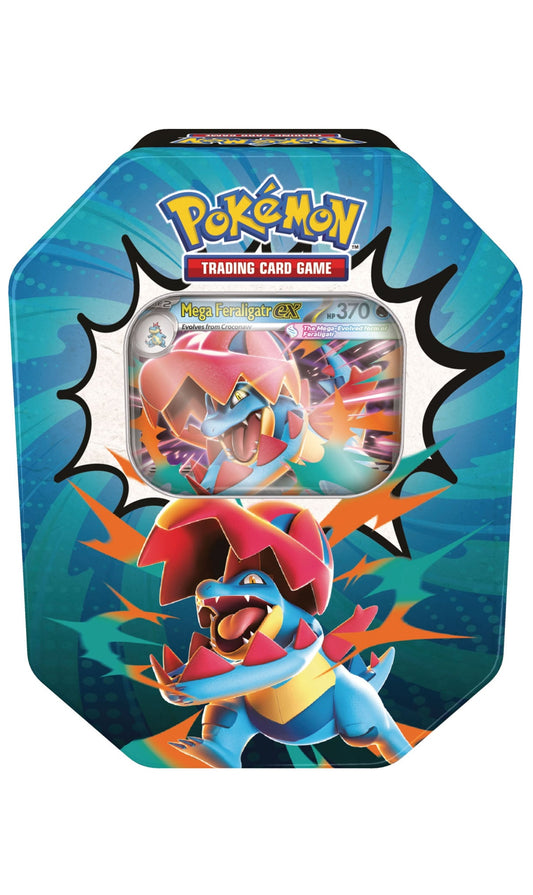 Pokémon TCG Mega Evolution Ascended Heroes Tin with 4 booster packs and Mega Feraligatr EX promo, new and sealed.
