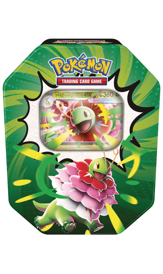 Pokémon TCG Mega Evolution Ascended Heroes Tin with 4 booster packs and Mega Meganium EX promo, new and sealed.