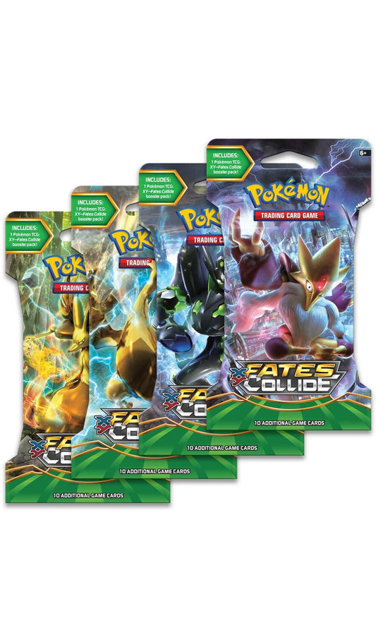Pokémon TCG XY Fates Collide Sleeved Booster Pack Art Set with 4 sealed packs.
