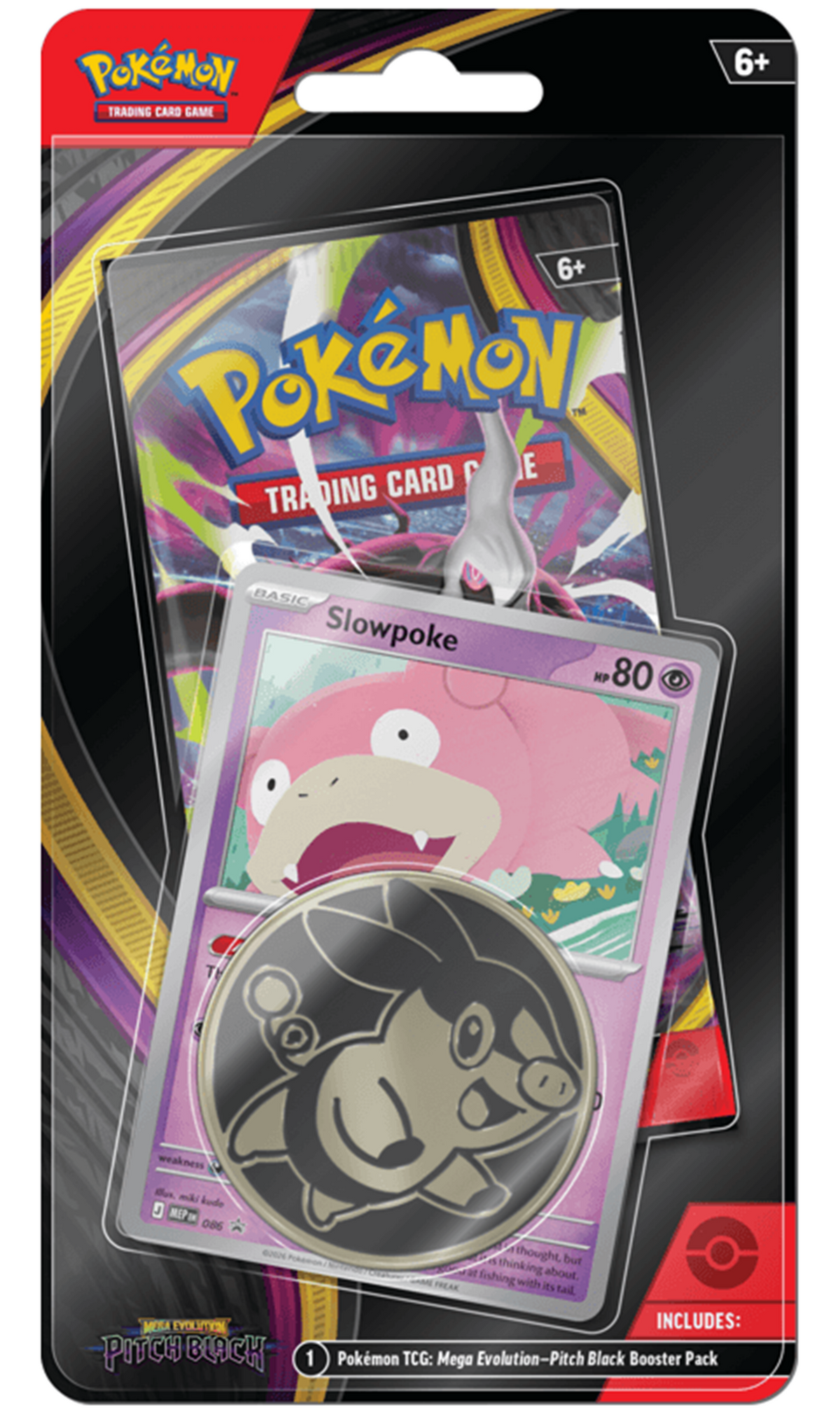 Pokémon TCG Mega Evolution Pitch Black blister pack containing 1 booster pack and an exclusive Slowpoke promo card, factory sealed and unopened.