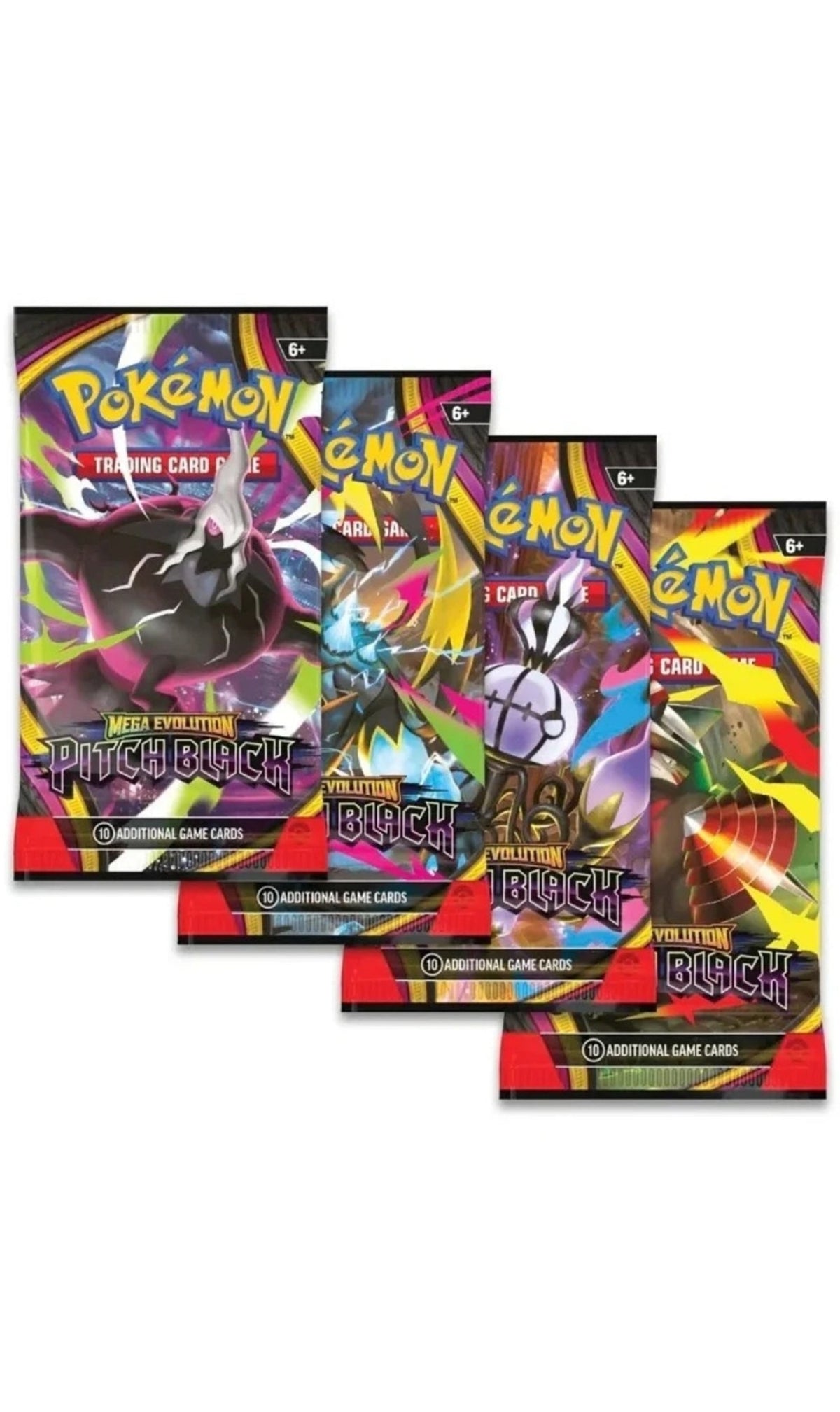 Pokémon TCG Mega Evolution Pitch Black booster pack art set including all 4 pack artworks, factory sealed and unopened.