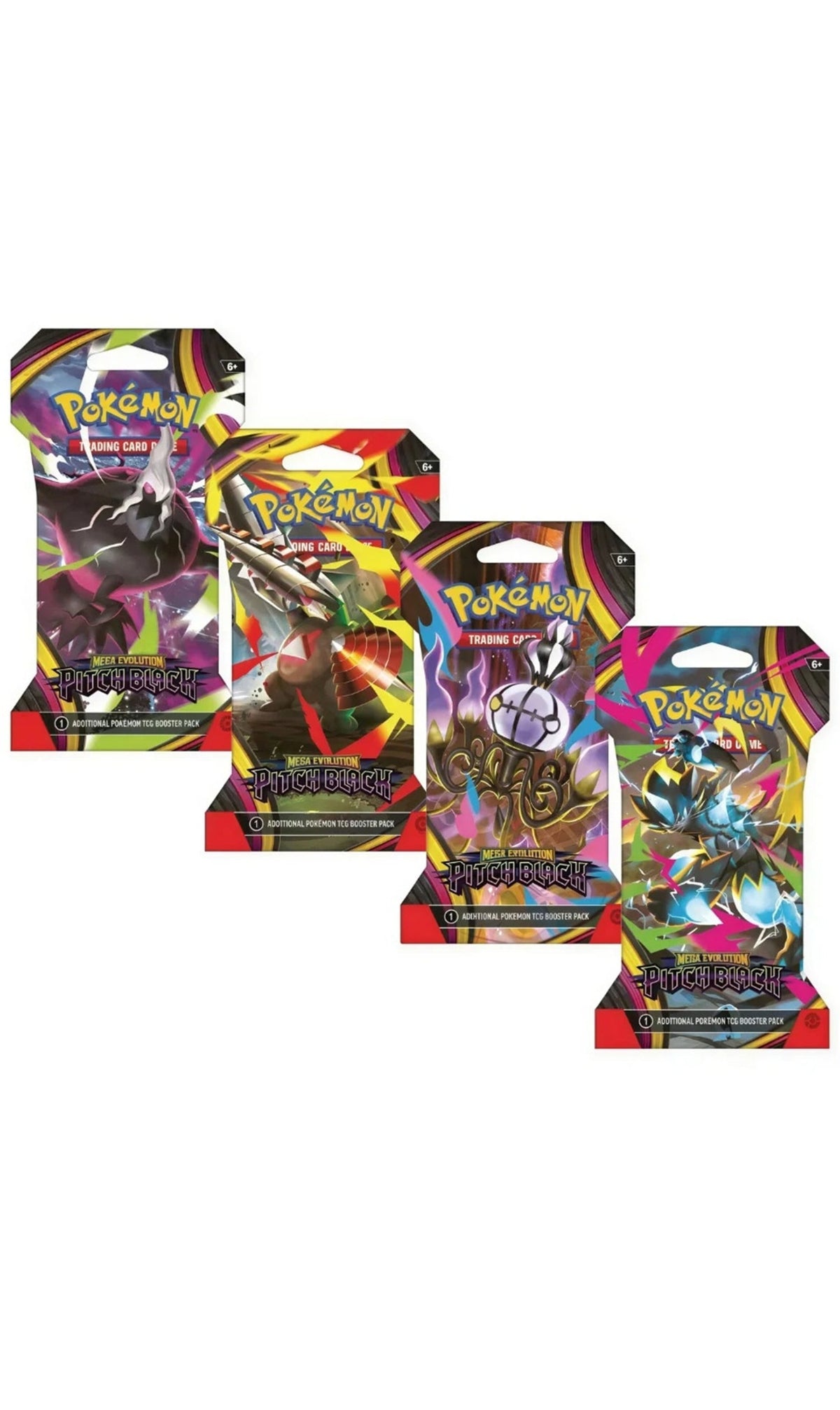 Pokémon TCG Mega Evolution Pitch Black sleeved booster pack art set including all 4 sleeve artwork variants, factory sealed and unopened.